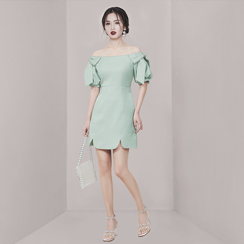 Summer puff sleeve dress chain evening dress