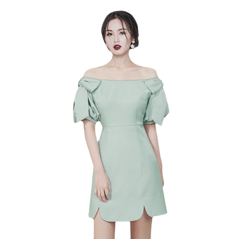 Summer puff sleeve dress chain evening dress