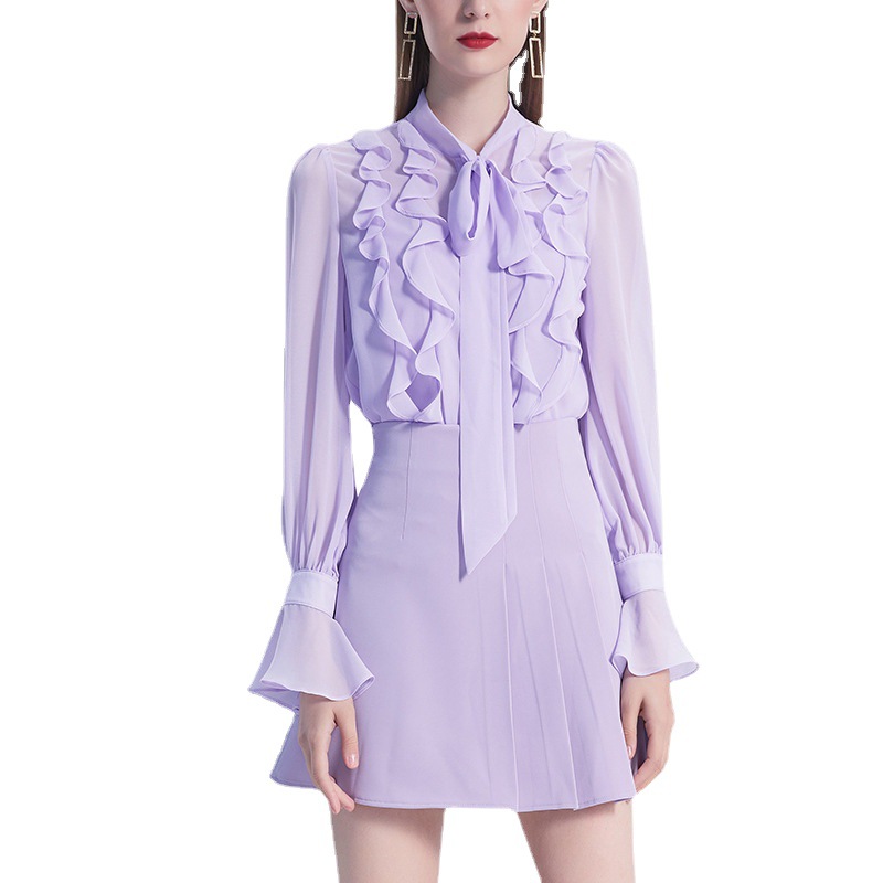 Temperament chiffon shirt purple skirt 2pcs set