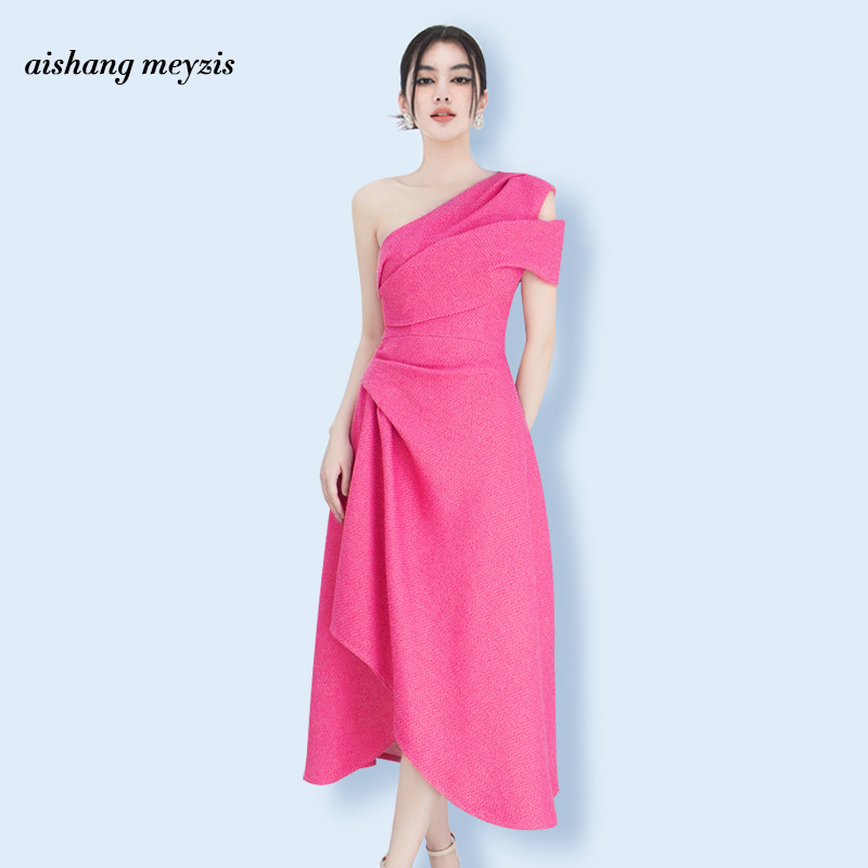 Long irregular formal dress ladies shoulder dress