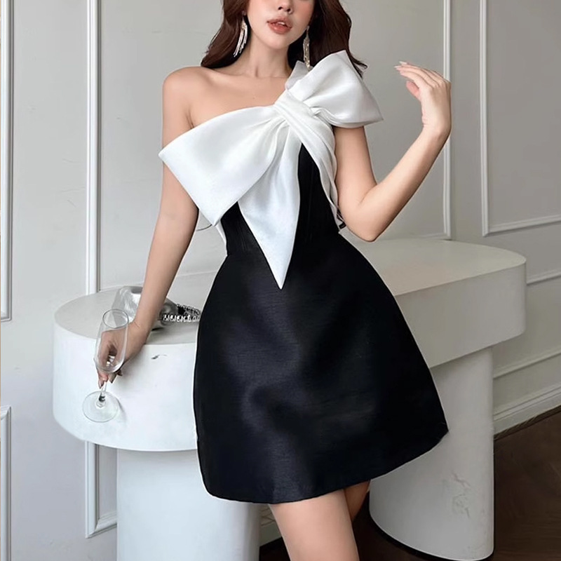 Bow collar niche stereoscopic slim dress for women