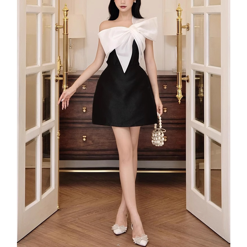 Bow collar niche stereoscopic slim dress for women