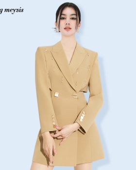 Pinched waist long sleeve business suit khaki dress