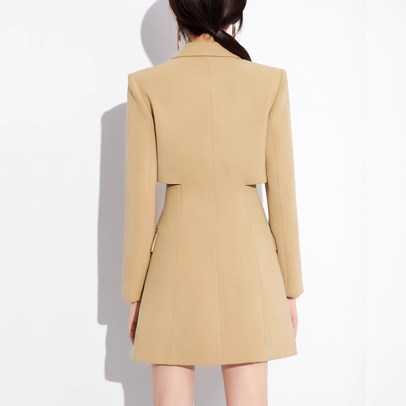 Pinched waist long sleeve business suit khaki dress