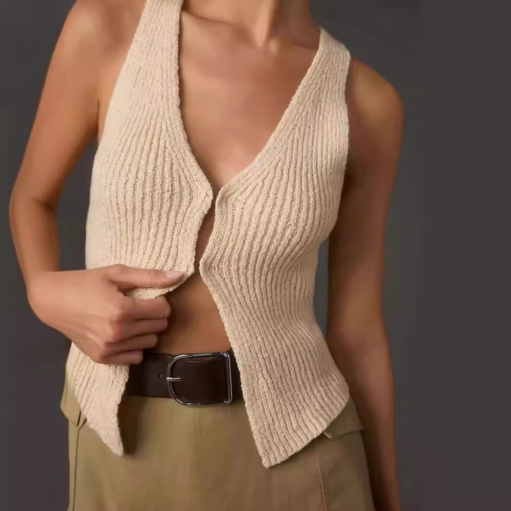 European style covered buckle waistcoat V-neck sexy sweater