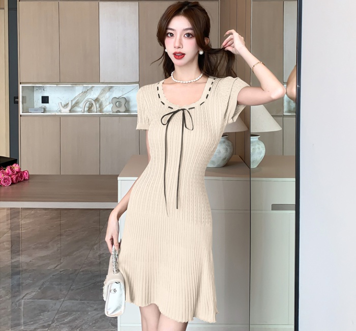 Knitted sweet temperament France style tender dress