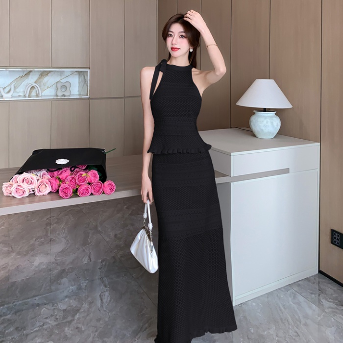 High waist summer vest slim hollow skirt 2pcs set for women