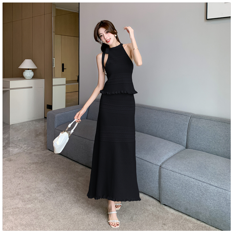 High waist summer vest slim hollow skirt 2pcs set for women