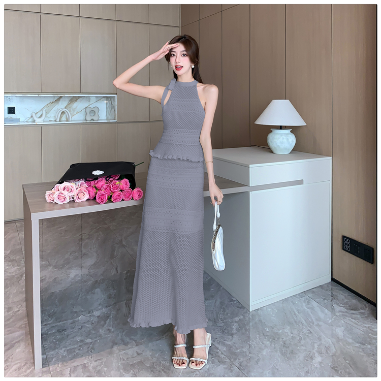 High waist summer vest slim hollow skirt 2pcs set for women