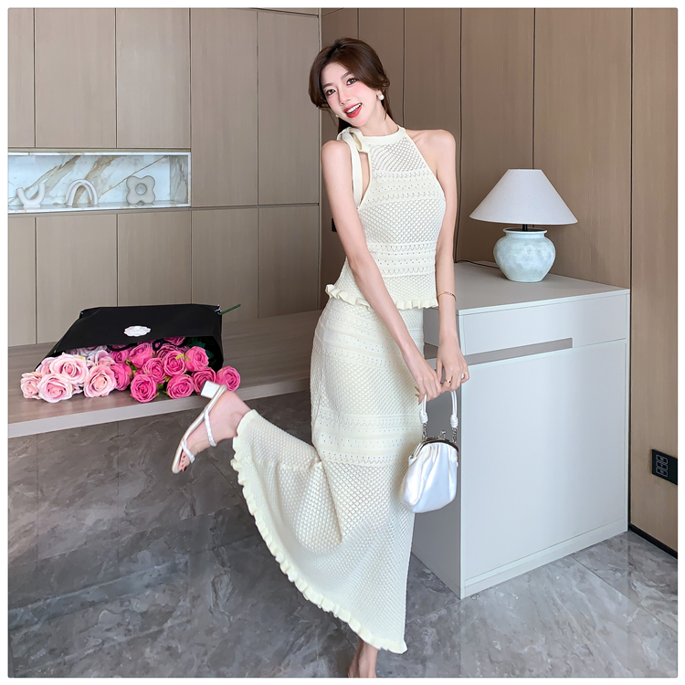 High waist summer vest slim hollow skirt 2pcs set for women