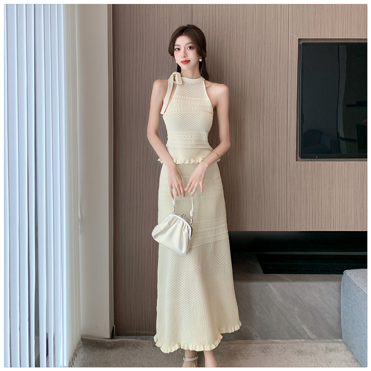 High waist summer vest slim hollow skirt 2pcs set for women