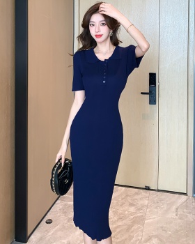 Summer slim short sleeve long dress package hip knitted dress