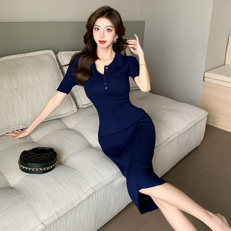 Summer slim short sleeve long dress package hip knitted dress