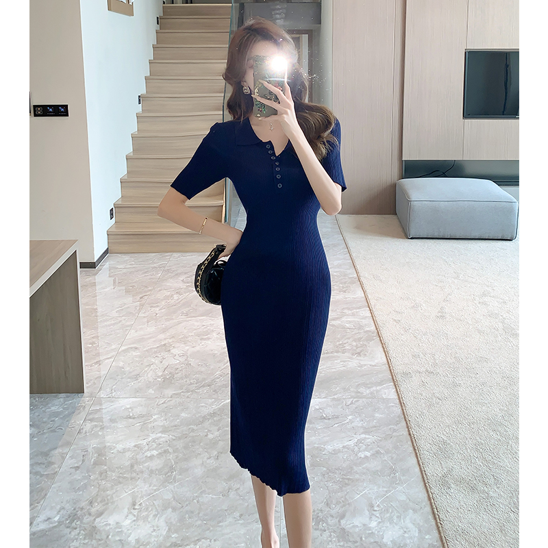 Summer slim short sleeve long dress package hip knitted dress