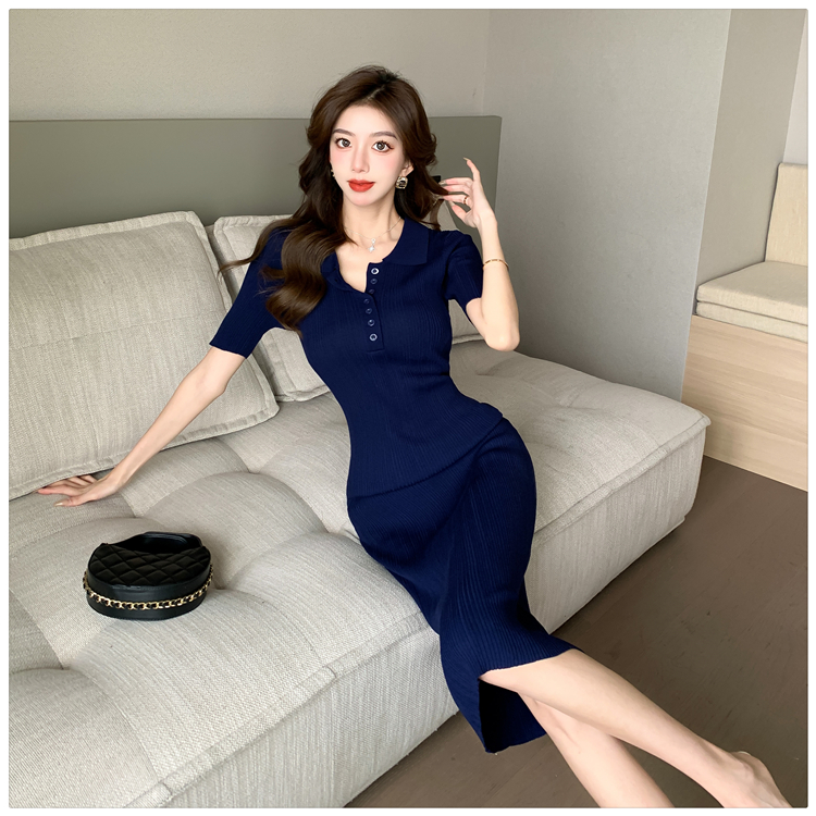 Summer slim short sleeve long dress package hip knitted dress