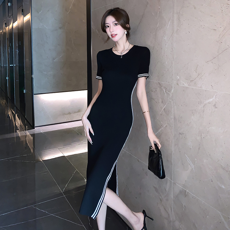 High waist simple short sleeve slim temperament knitted dress