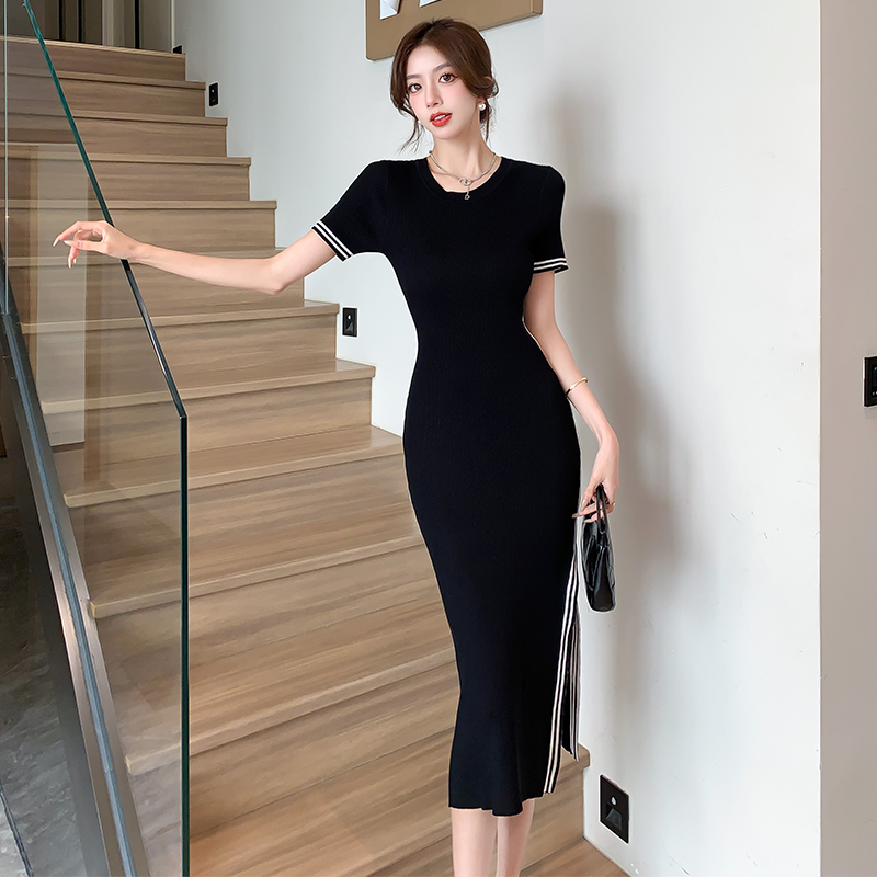 High waist simple short sleeve slim temperament knitted dress