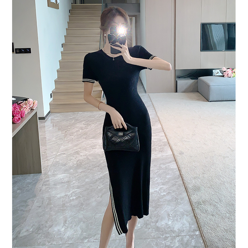 High waist simple short sleeve slim temperament knitted dress