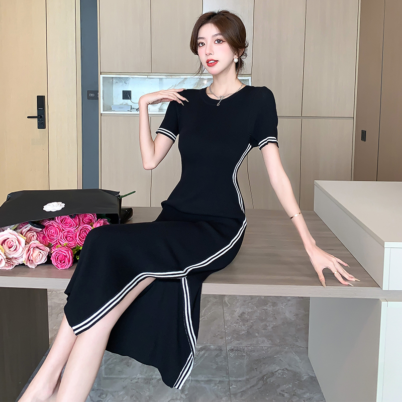 High waist simple short sleeve slim temperament knitted dress