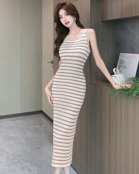 Knitted Korean style long dress stripe lazy dress for women