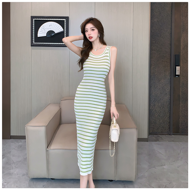 Knitted Korean style long dress stripe lazy dress for women