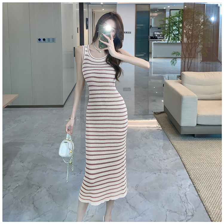 Knitted Korean style long dress stripe lazy dress for women