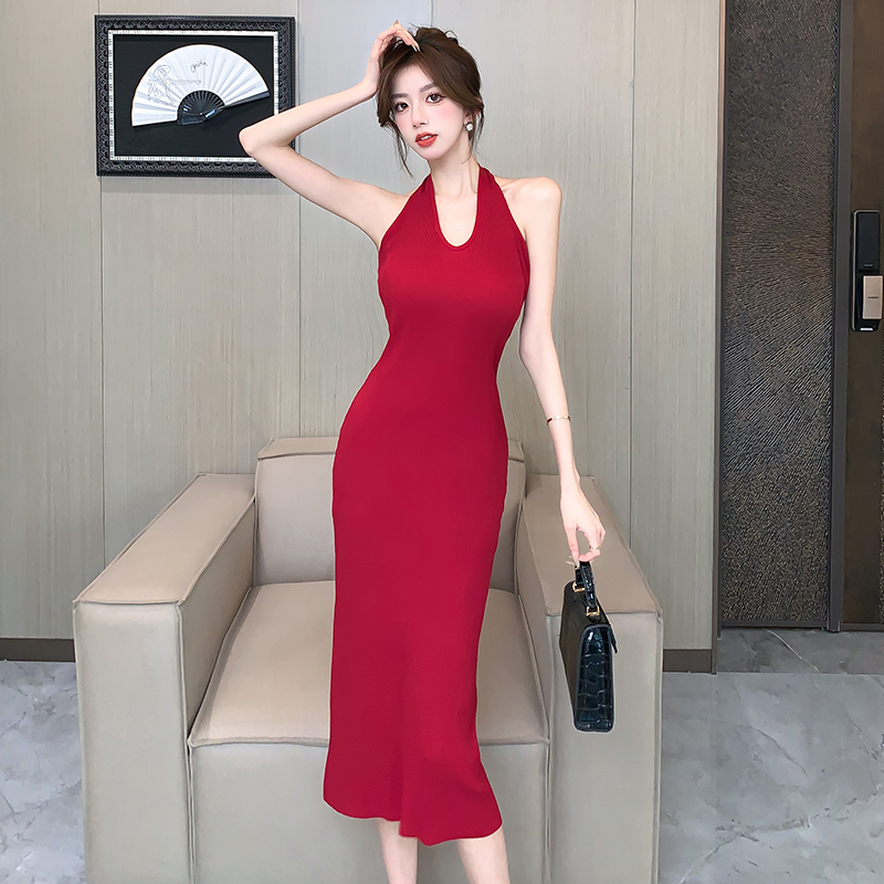 Summer sling knitted long dress sexy package hip vest