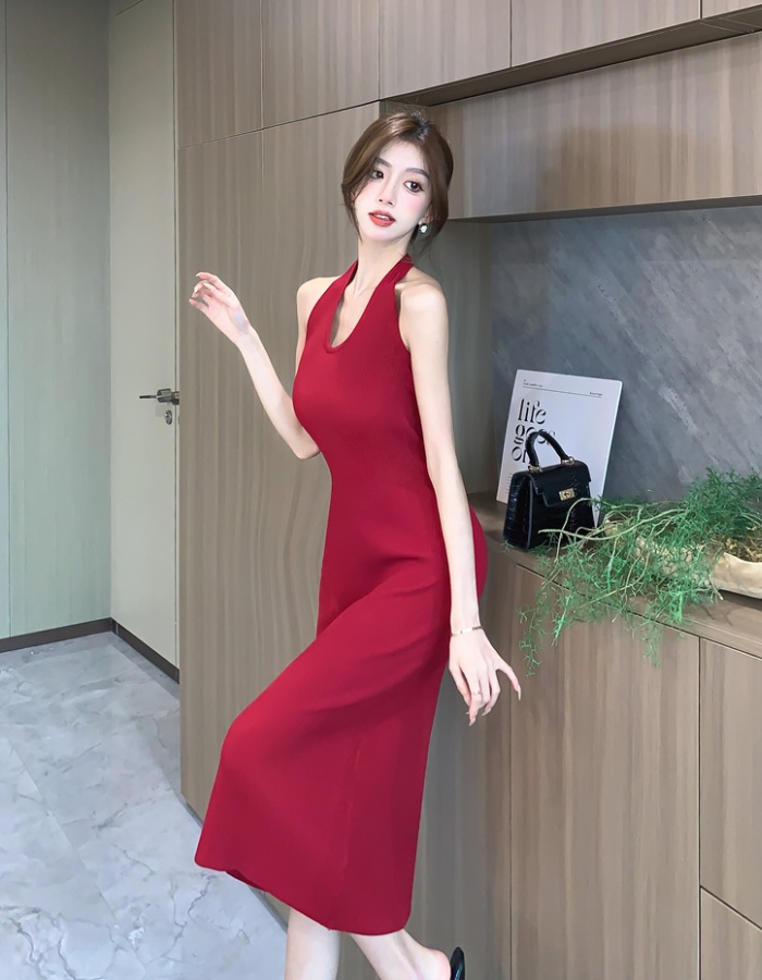 Summer sling knitted long dress sexy package hip vest