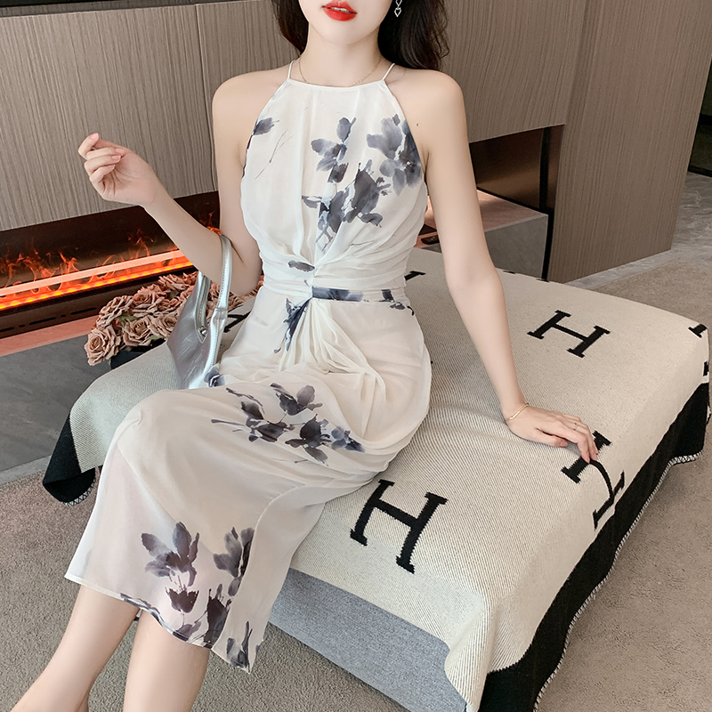 Strapless chiffon temperament summer artistic ink dress