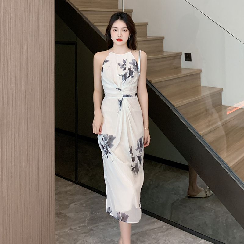 Strapless chiffon temperament summer artistic ink dress