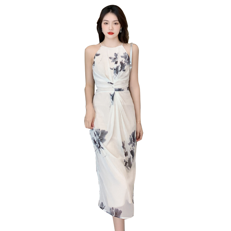 Strapless chiffon temperament summer artistic ink dress