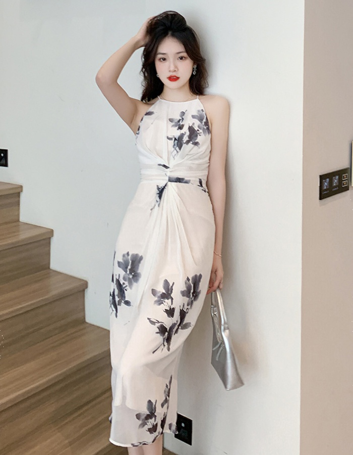 Strapless chiffon temperament summer artistic ink dress