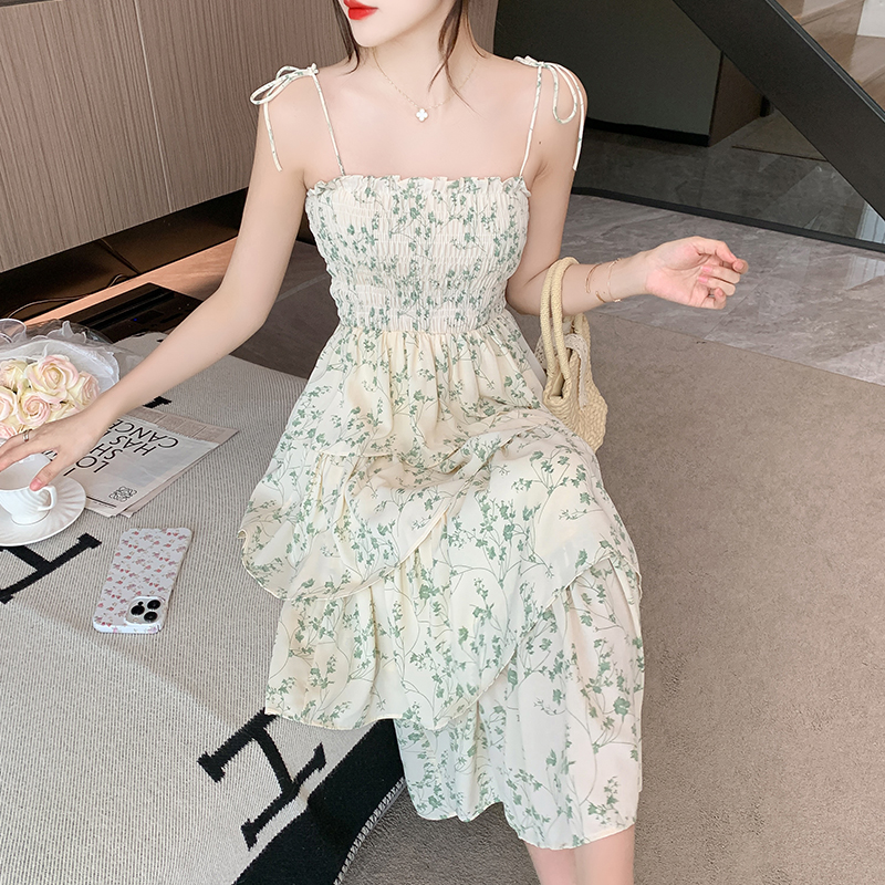 Lady long dress floral summer strap dress for women