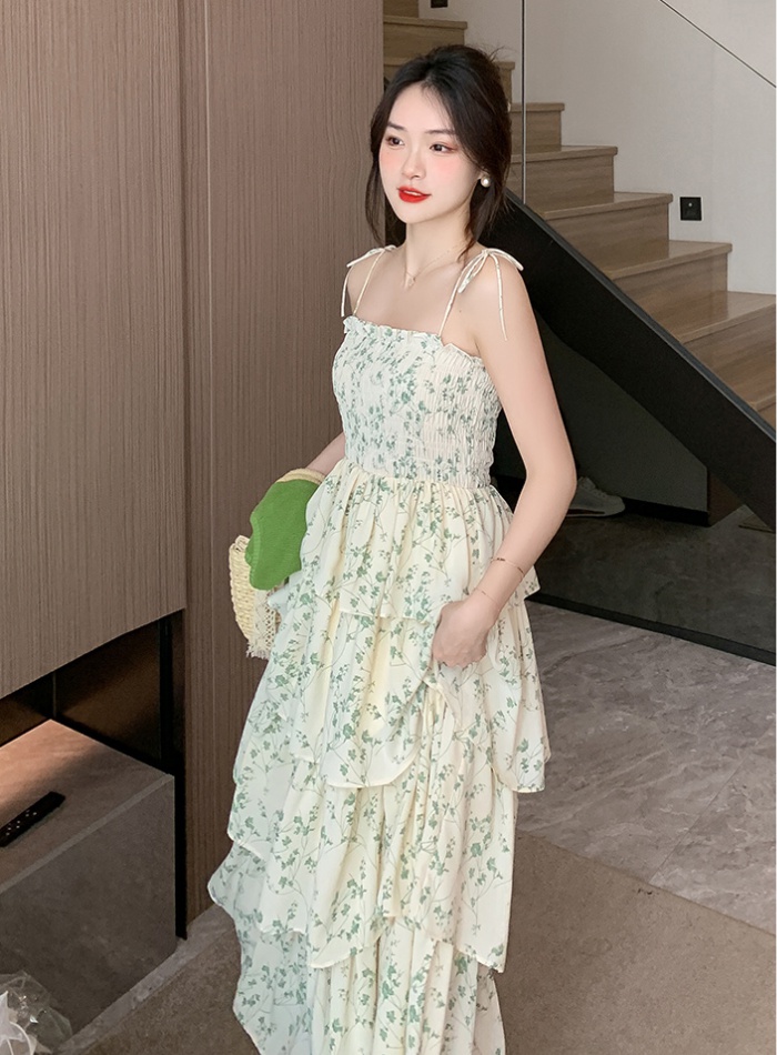 Lady long dress floral summer strap dress for women