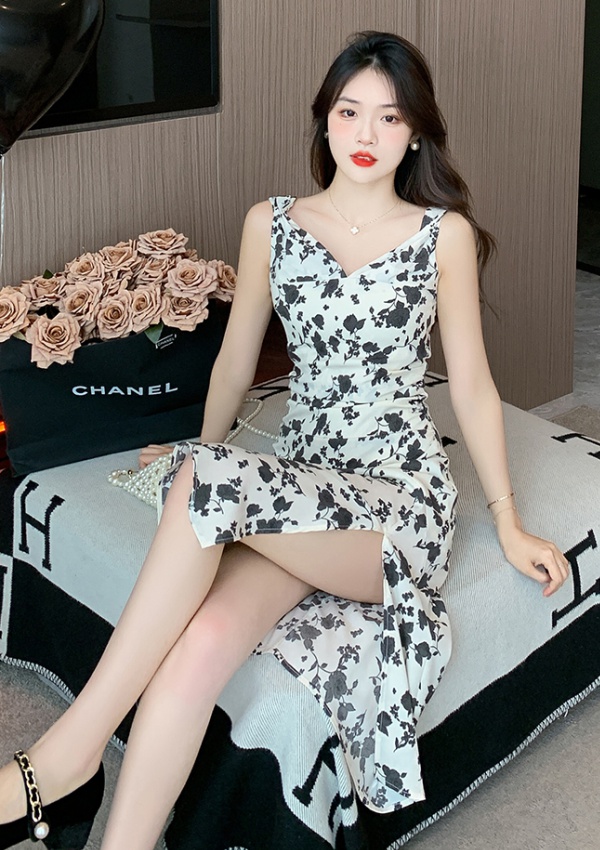 V-neck light romantic printing ink dress for women