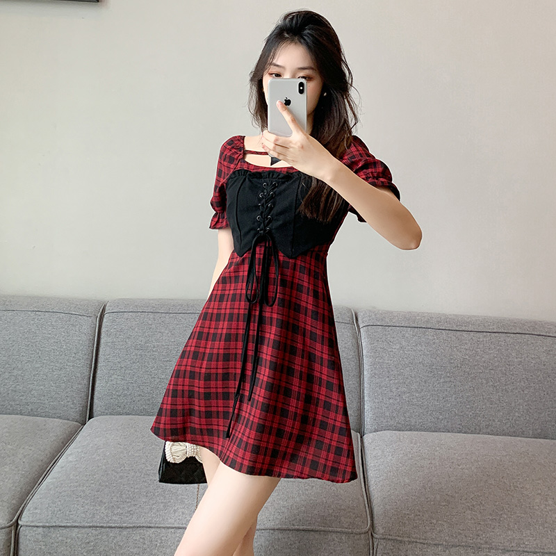 Slim bow summer retro plaid high waist dress