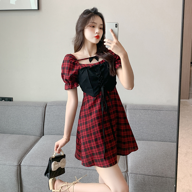 Slim bow summer retro plaid high waist dress