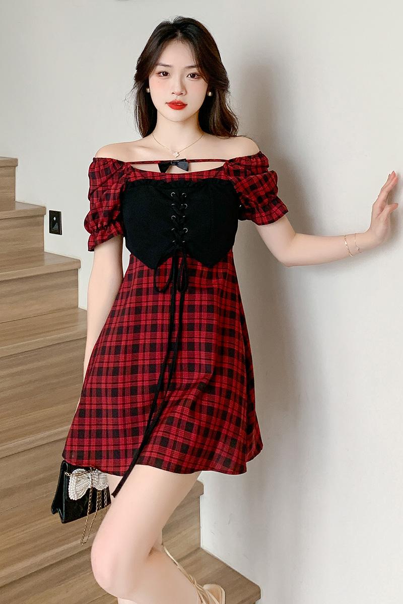 Slim bow summer retro plaid high waist dress