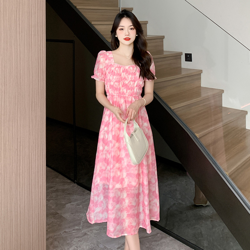 Square collar long fold pearl refreshing summer sweet dress