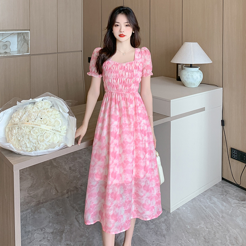 Square collar long fold pearl refreshing summer sweet dress