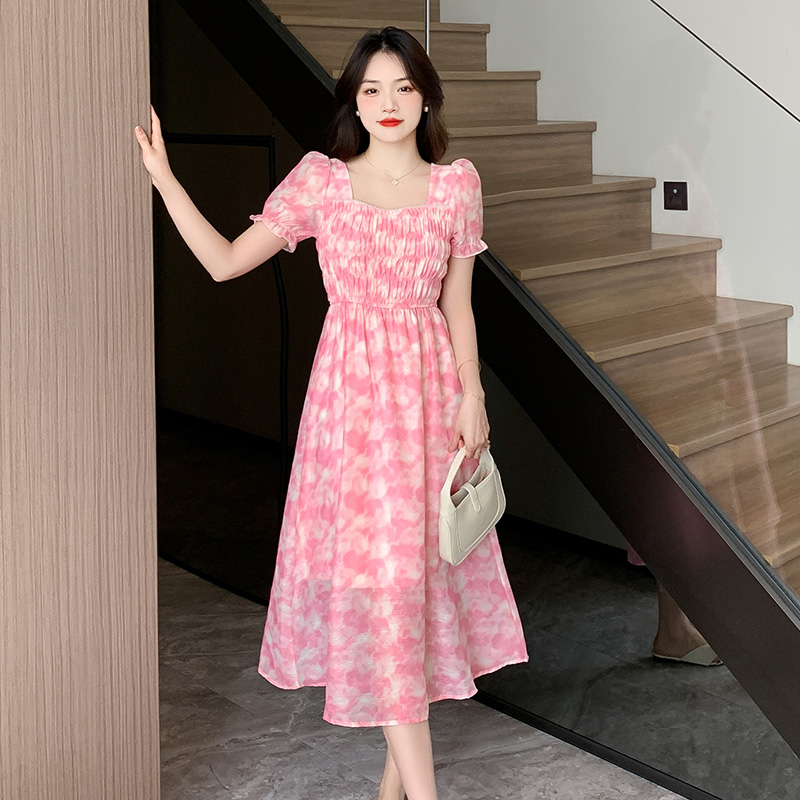 Square collar long fold pearl refreshing summer sweet dress