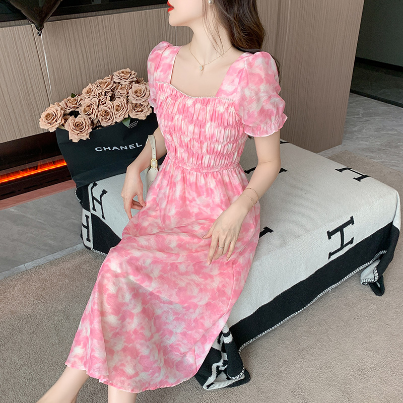 Square collar long fold pearl refreshing summer sweet dress