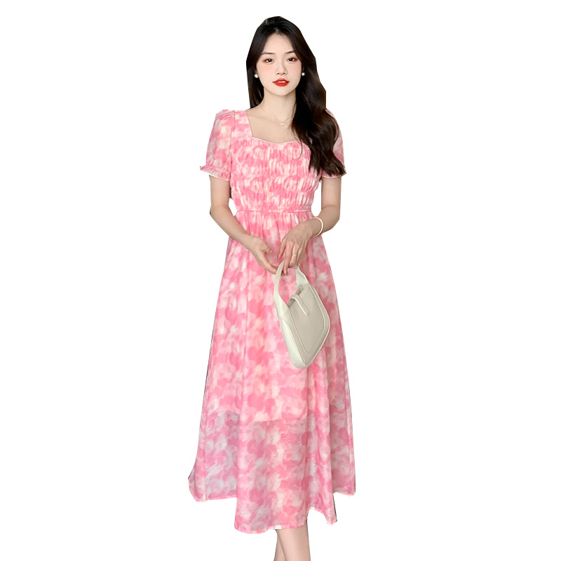 Square collar long fold pearl refreshing summer sweet dress