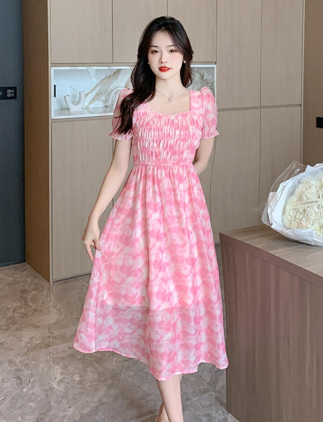 Square collar long fold pearl refreshing summer sweet dress