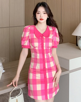 Retro doll collar slim sweet plaid summer dress