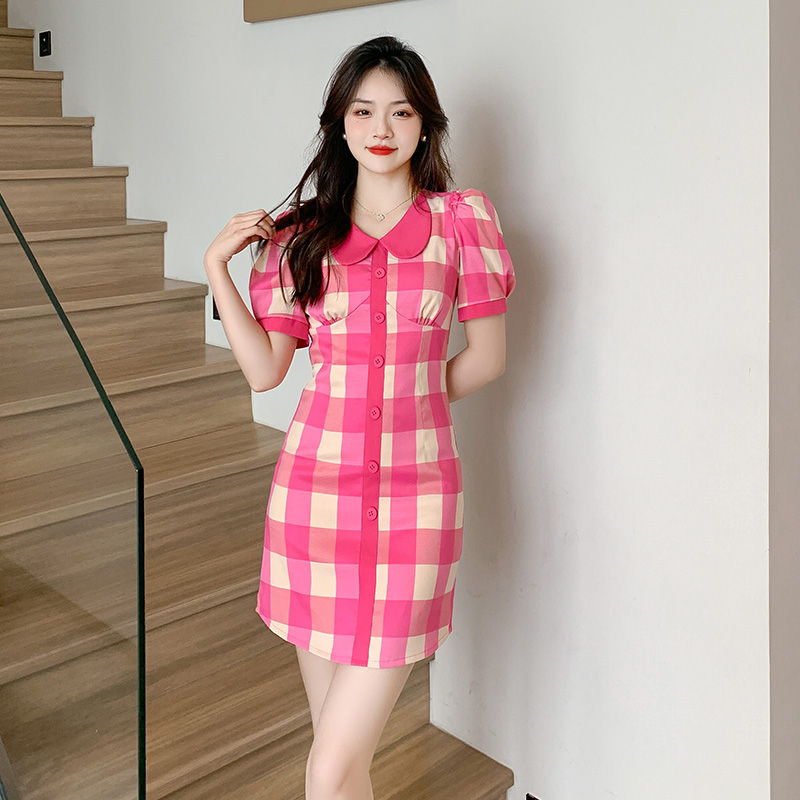 Retro doll collar slim sweet plaid summer dress