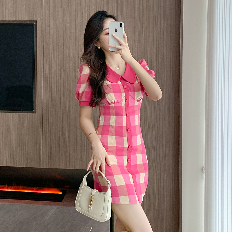 Retro doll collar slim sweet plaid summer dress