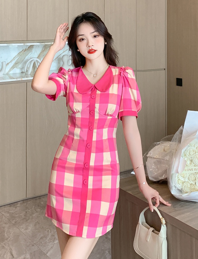 Retro doll collar slim sweet plaid summer dress