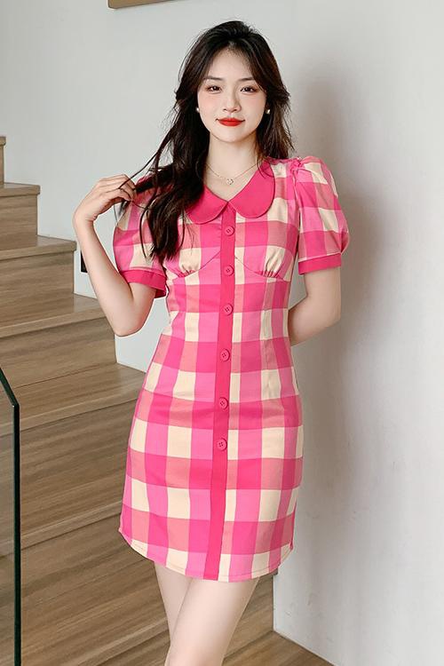 Retro doll collar slim sweet plaid summer dress