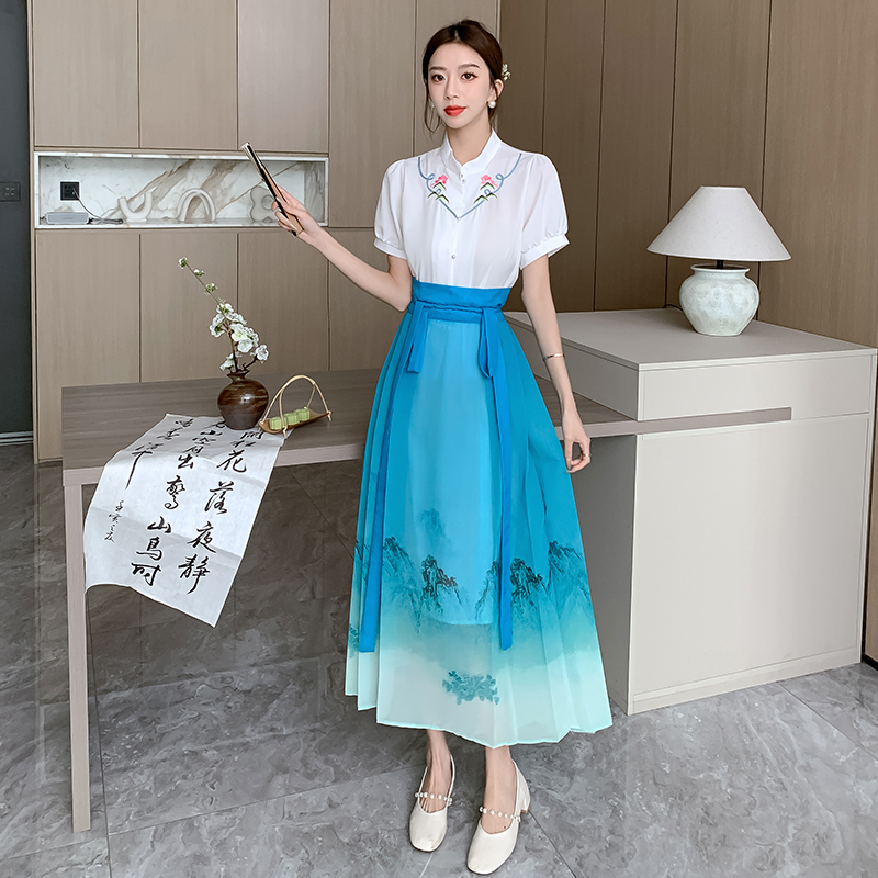Chinese style horse-face skirt shirt a set for women